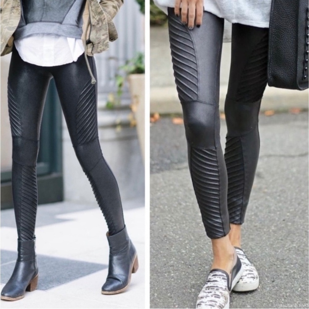 Spanx Moto Leggings Very Black Faux Leather High Waisted Ribbed Edgy Pants
